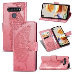 Embossing Mandala Flower Butterfly Leather Wallet Case for LG K61 - Pink