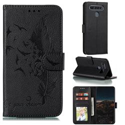 Intricate Embossing Lychee Feather Bird Leather Wallet Case for LG K61 - Black