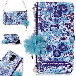 Blue-and-White Endeavour Florid Pearl Flower Pendant Metal Strap PU Leather Wallet Case for LG K8 2017 M200N EU Version (5.0 inch)