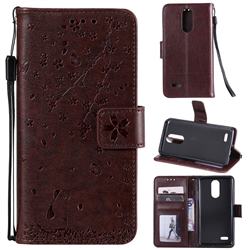 Embossing Cherry Blossom Cat Leather Wallet Case for LG K8 (2018) - Brown