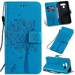 Embossing Butterfly Tree Leather Wallet Case for LG Q60 - Blue