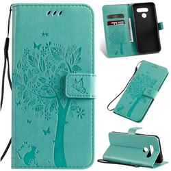 Embossing Butterfly Tree Leather Wallet Case for LG Q60 - Cyan