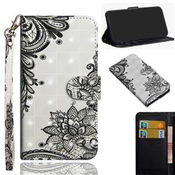 Black Lace Flower 3D Painted Leather Wallet Case for LG Q70