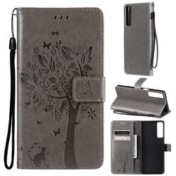 Embossing Butterfly Tree Leather Wallet Case for LG Stylo 7 4G - Grey