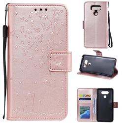 Embossing Cherry Blossom Cat Leather Wallet Case for LG V30 - Rose Gold
