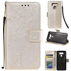 Embossing Cherry Blossom Cat Leather Wallet Case for LG V30 - Golden