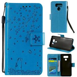 Embossing Cherry Blossom Cat Leather Wallet Case for LG V30 - Blue