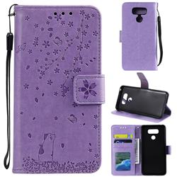 Embossing Cherry Blossom Cat Leather Wallet Case for LG V30 - Purple