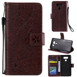 Embossing Cherry Blossom Cat Leather Wallet Case for LG V30 - Brown