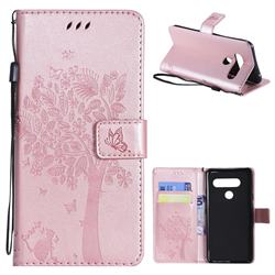 Embossing Butterfly Tree Leather Wallet Case for LG V40 ThinQ - Rose Pink
