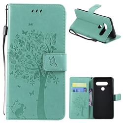 Embossing Butterfly Tree Leather Wallet Case for LG V40 ThinQ - Cyan