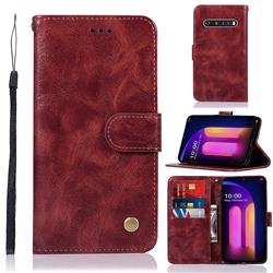 Luxury Retro Leather Wallet Case for LG V60 ThinQ 5G - Wine Red