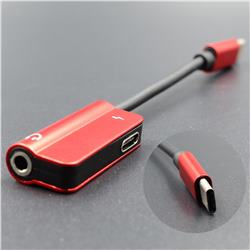 Metal 2 in 1 Type-C Male to Type-C Female + 3.5mm Headphone Jack Adapter - Red