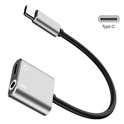 Aluminum Alloy 2 in 1 Audio Jack 3.5mm + USB C Type-c Female to Type-C Male Splitter Connector Adapter - Silver