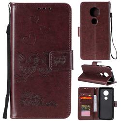 Embossing Owl Couple Flower Leather Wallet Case for Motorola Moto E5 - Brown
