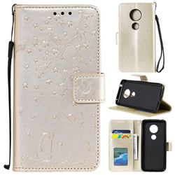 Embossing Cherry Blossom Cat Leather Wallet Case for Motorola Moto E5 - Golden