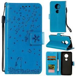Embossing Cherry Blossom Cat Leather Wallet Case for Motorola Moto E5 - Blue
