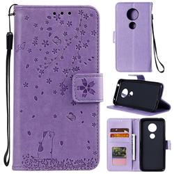 Embossing Cherry Blossom Cat Leather Wallet Case for Motorola Moto E5 - Purple