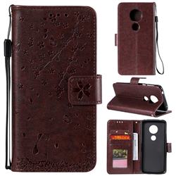 Embossing Cherry Blossom Cat Leather Wallet Case for Motorola Moto E5 - Brown
