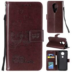 Embossing Owl Couple Flower Leather Wallet Case for Motorola Moto E5 Plus - Brown