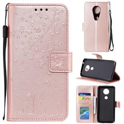 Embossing Cherry Blossom Cat Leather Wallet Case for Motorola Moto E5 Plus - Rose Gold