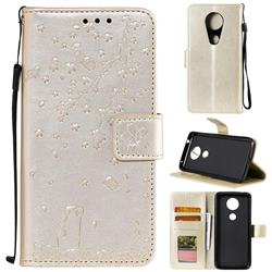 Embossing Cherry Blossom Cat Leather Wallet Case for Motorola Moto E5 Plus - Golden