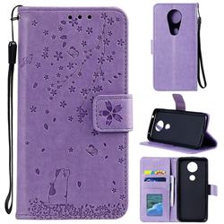 Embossing Cherry Blossom Cat Leather Wallet Case for Motorola Moto E5 Plus - Purple