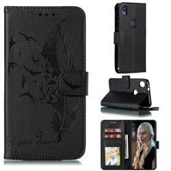 Intricate Embossing Lychee Feather Bird Leather Wallet Case for Motorola Moto E6 - Black
