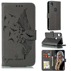 Intricate Embossing Lychee Feather Bird Leather Wallet Case for Motorola Moto E6 - Gray