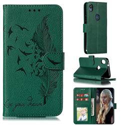 Intricate Embossing Lychee Feather Bird Leather Wallet Case for Motorola Moto E6 - Green