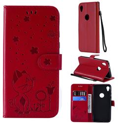 Embossing Bee and Cat Leather Wallet Case for Motorola Moto E6 - Red