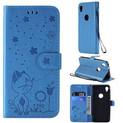 Embossing Bee and Cat Leather Wallet Case for Motorola Moto E6 - Blue