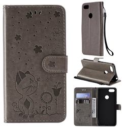 Embossing Bee and Cat Leather Wallet Case for Motorola Moto E6 Play - Gray