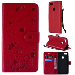 Embossing Bee and Cat Leather Wallet Case for Motorola Moto E6 Play - Red