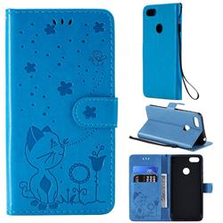 Embossing Bee and Cat Leather Wallet Case for Motorola Moto E6 Play - Blue