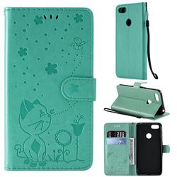 Embossing Bee and Cat Leather Wallet Case for Motorola Moto E6 Play - Green