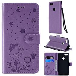 Embossing Bee and Cat Leather Wallet Case for Motorola Moto E6 Play - Purple