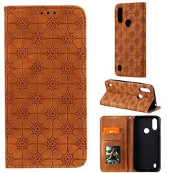 Intricate Embossing Four Leaf Clover Leather Wallet Case for Motorola Moto E6s (2020) - Yellowish Brown