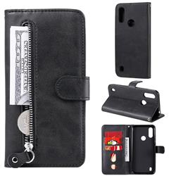 Retro Luxury Zipper Leather Phone Wallet Case for Motorola Moto E6s (2020) - Black