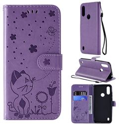 Embossing Bee and Cat Leather Wallet Case for Motorola Moto E6s (2020) - Purple