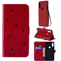 Embossing Bee and Cat Leather Wallet Case for Motorola Moto E7(Moto E 2020) - Red