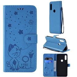 Embossing Bee and Cat Leather Wallet Case for Motorola Moto E7(Moto E 2020) - Blue