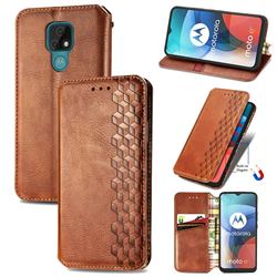 Ultra Slim Fashion Business Card Magnetic Automatic Suction Leather Flip Cover for Motorola Moto E7 - Brown