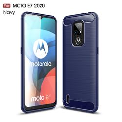 Luxury Carbon Fiber Brushed Wire Drawing Silicone TPU Back Cover for Motorola Moto E7 - Navy