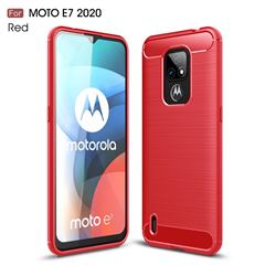 Luxury Carbon Fiber Brushed Wire Drawing Silicone TPU Back Cover for Motorola Moto E7 - Red