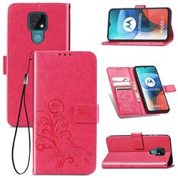 Embossing Imprint Four-Leaf Clover Leather Wallet Case for Motorola Moto E7 - Rose Red
