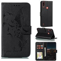 Intricate Embossing Lychee Feather Bird Leather Wallet Case for Motorola Moto E7 Power - Black