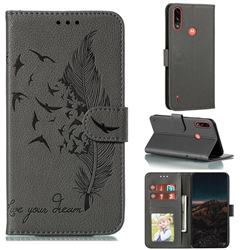 Intricate Embossing Lychee Feather Bird Leather Wallet Case for Motorola Moto E7 Power - Gray
