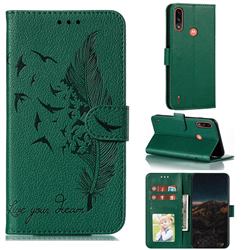 Intricate Embossing Lychee Feather Bird Leather Wallet Case for Motorola Moto E7 Power - Green