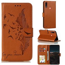 Intricate Embossing Lychee Feather Bird Leather Wallet Case for Motorola Moto E7 Power - Brown